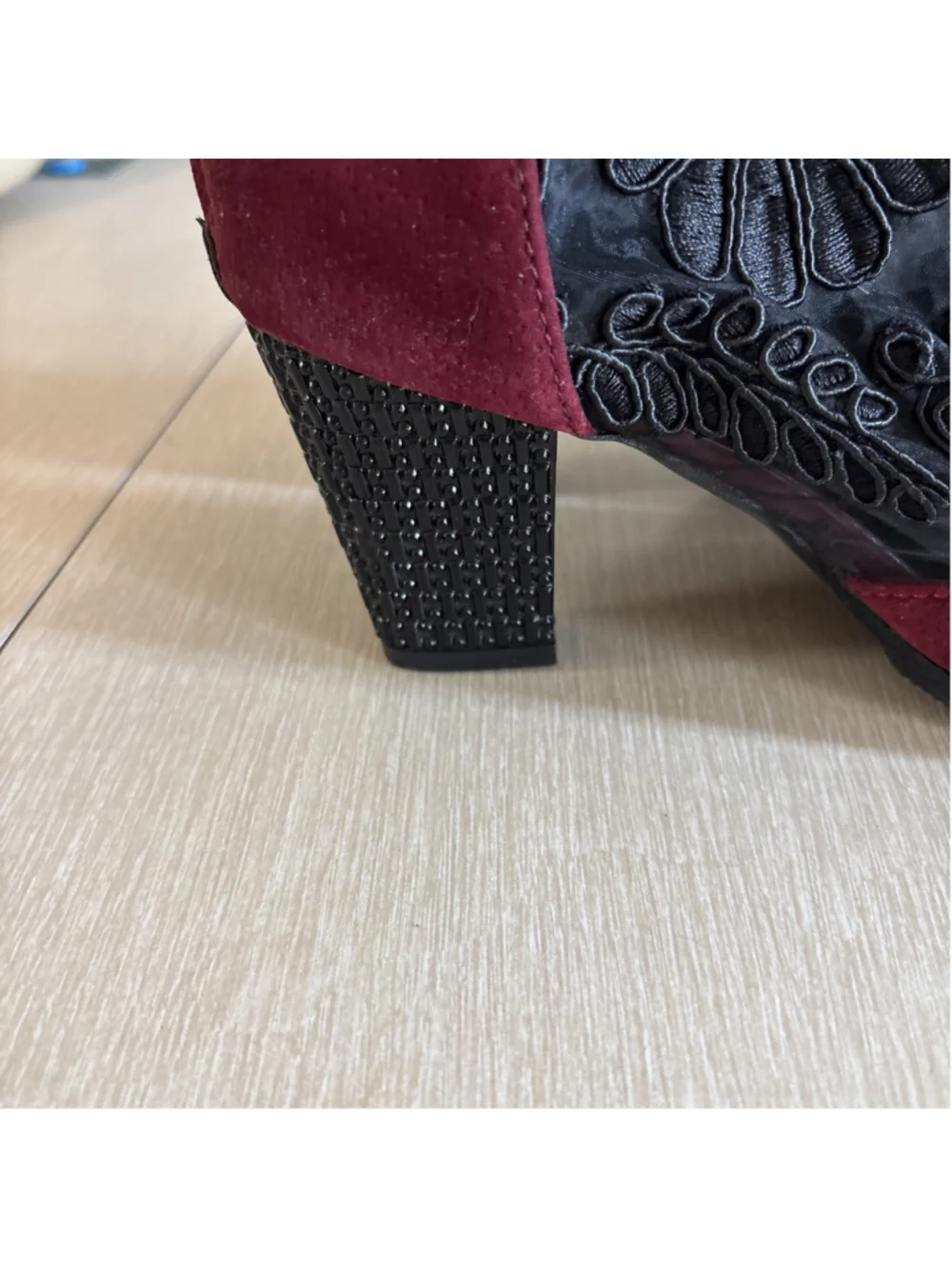 Burgundy Black Lace Ankle Boots Peep Toe Block Heel Women 39(8-8.5) 1190